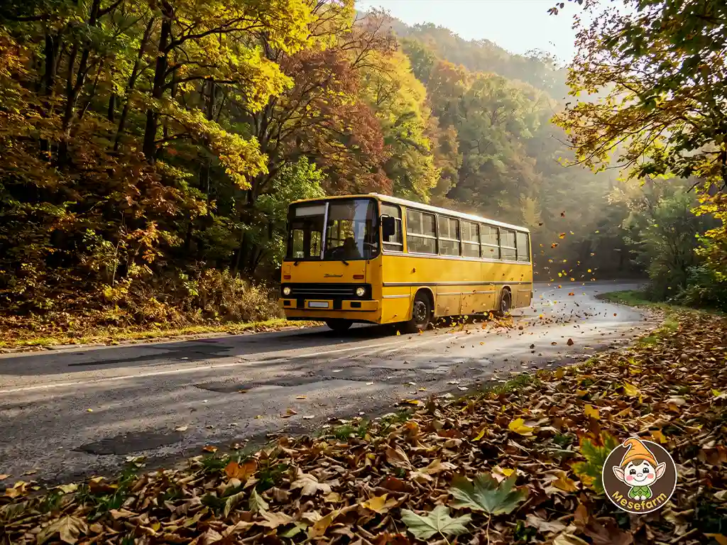 A k&eacute;pen egy s&aacute;rga busz l&aacute;that&oacute;, amint kanyarg&oacute;s erdei &uacute;ton halad az őszi lombsz&iacute;nek k&ouml;z&ouml;tt. A f&aacute;k aranys&aacute;rga, barn&aacute;s &eacute;s v&ouml;r&ouml;ses &aacute;rnyalatokban ragyognak, az &uacute;t sz&eacute;l&eacute;t lehullott falevelek bor&iacute;tj&aacute;k. A k&eacute;p hangulata meleg, nosztalgikus &eacute;s csendesen szeml&eacute;lődő, j&oacute;l illik a &bdquo;Bearanyozva&rdquo; c&iacute;mű &iacute;r&aacute;s őszi vil&aacute;g&aacute;hoz.